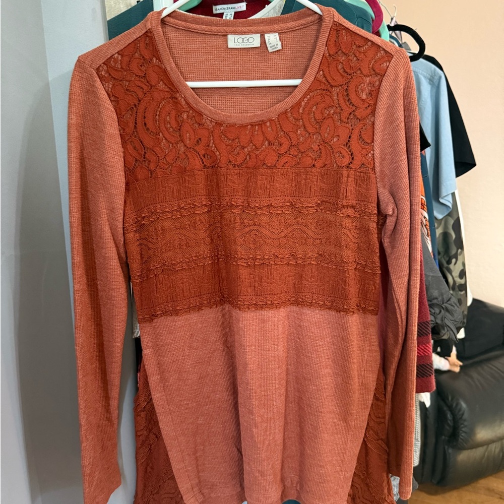 LOGO by Lori Goldstein Women's Terracotta Lace Blouse